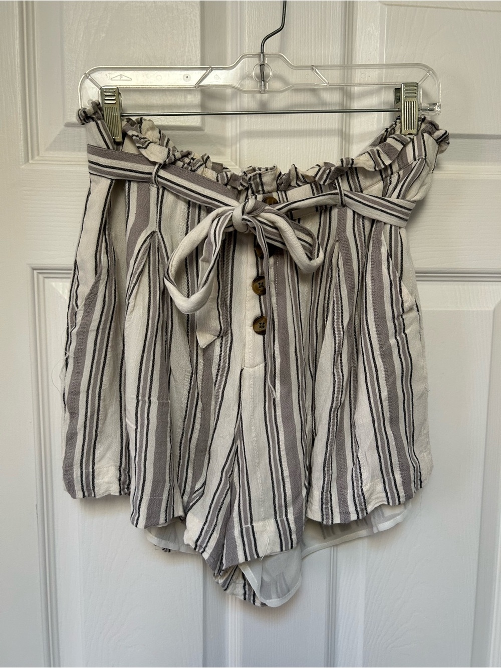 American Eagle Outfitters Ivory and Gray Striped Paperbag Shorts